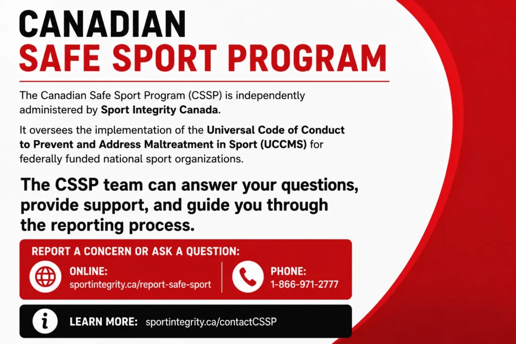 Graphic featuring details of the Canadian Safe Sport program, which can answer questions, provide support, and guide you through the reporting process when experiencing mistreatment in sport. The phone number is 1-866-971-2777.
