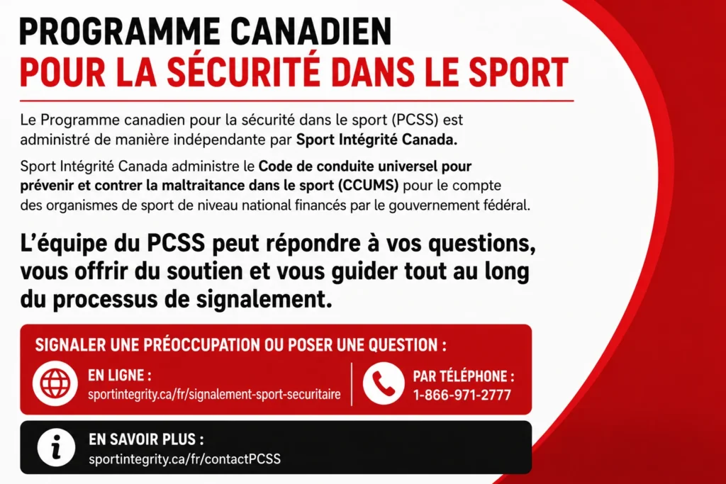 Infographie présentant les détails du programme canadien « Safe Sport », qui permet d’obtenir des réponses à vos questions, de bénéficier d’un soutien et d’être guidé tout au long du processus de signalement en cas de mauvais traitements subis dans le milieu sportif. Le numéro de téléphone est le 1-866-971-2777.